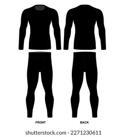 Drawing of a black men's tracksuit, vector. Diving suit drawing front and back view. Long sleeve and leggings sketch for men, front and back view. Vector template of men's compression underwear.