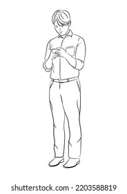 Drawing Black Outline Businessman standing and using the smartphone for connection technology isolated white background