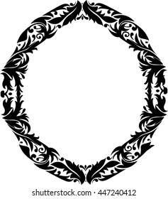 Drawing of a black oval frame with floral pattern on a white background