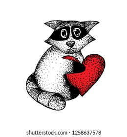 drawing black pen raccoon with a heart in his hands
