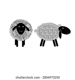 Drawing of black sheep and white spirals wools. Side body and front. 