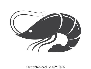 Drawing black shrimp, sea shrimp icon on white background.