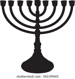 Drawing of a black silhouette of a menorah Chanukia - Traditional Jewish candle holder for the nine candles. Candles are lit on Hanukkah