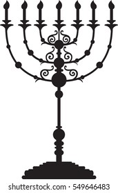 Drawing of a black silhouette of a menorah - Traditional Jewish candle holder for the seven candles. Candles are lit on Saturday, the Sabbath