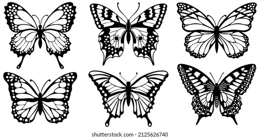 Drawing black silhouettes of butterflies on a white background