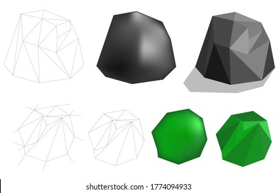 Dibujar la piedra negra y el modelado de árbol verde paso a paso bajo forma de poli y polígono, concepto de diseño de arte, ilustración de arte vectorial.