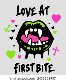 Drawing of a black vampire lips and a hand-drawn inscription "love at first bite". Gothic contemporary style print for a t-shirt. 