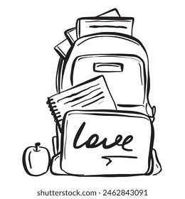 Zeichnung eines schwarz-weißen Rucksacks mit dem Wort Liebe darauf geschrieben. Das Design ist einfach und einfarbig, betont das Wort und den Rucksack.