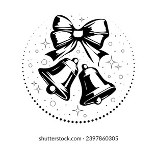 Drawing black and white Christmas bells on with bow in a round frame with stars and snowflakes. Isolated design element on white background. Template for greeting card, poster, cover, flyer. Vector