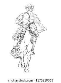 Drawing black and white of cowboy riding horse,vector illustration.