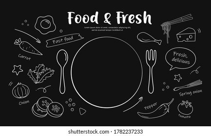 Drawing black and white food & fresh design on black background, vector illustration