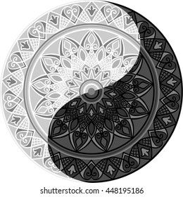 Drawing of a black and white mandala (round ethnic ornament) in shape of symbol yin yang