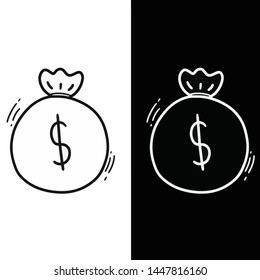 Drawing black and white money bag line icon doodle style.Vector illustration.