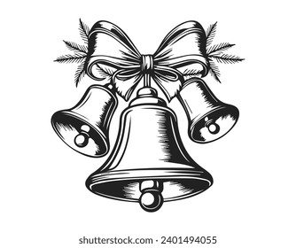 Drawing black and white nativity bells on Christmas tree branch with bow. Isolated design element on white background. Template for greeting card, poster, cover, banner. Vector illustration.  