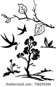 Drawing black and white nature composition