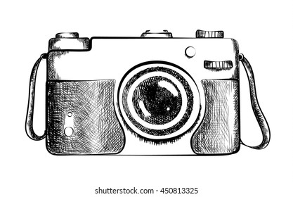 Drawing of black and white vintage camera with lens.