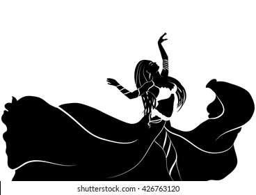 Drawing of a black-and-white silhouette of a dancing woman in wind-shaken pleated skirt  and bodice on a white background. Belly dance
