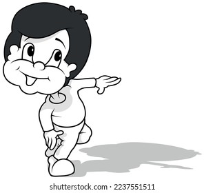 Drawing of a Black-haired Boy with his Left Hand Raised - Cartoon Illustration Isolated on White Background, Vector