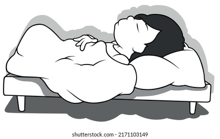 Drawing of a Black-haired Boy Sleeping in Bed - Cartoon Illustration Isolated on White Background, Vector