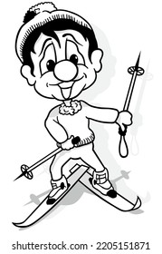 Drawing of a Black-haired Boy in Winter Clothes on Skis - Cartoon Illustration Isolated on White Background, Vector