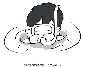 Drawing of a Black-haired Diving Boy with Diving Goggles and a Snorkel - Cartoon Illustration Isolated on White Background, Vector