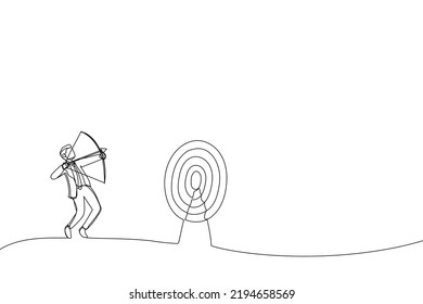 Drawing of blindfolded businessman shooting arrow and missed the target. Single continuous line art
