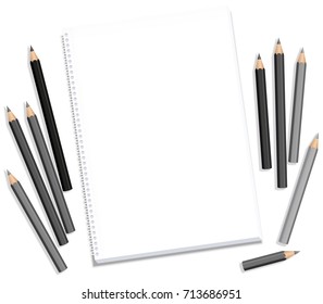 Drawing block and gray pencils - blank paper pad longing after artistic creation - isolated vector illustration on white background.