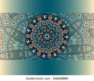 Drawing of blue border in ethnic style with geometric mandala 