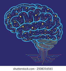 Dibujo de un cerebro azul lleno de líneas amarillas, rojas, verdes y púrpuras que salen del cerebro formando una placa de circuito