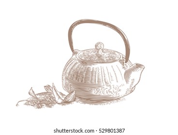 Drawing of blue cast iron teapot with green and dried tea leaves