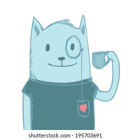 Drawing blue cat with cup of coffee. 