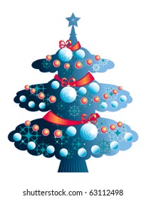Drawing of a blue Christmas tree with toys and tapes. The isolated image