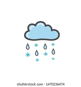 Drawing blue clouds with rain and snowflakes in the style of a doodle. Symbol of rainy weather. Vector drawing by hand.