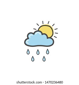 Drawing blue clouds with rain and sun. Symbol of weather. Vector hand drawn illustration in the doodle style