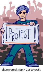 A drawing in blue ink of a young man who came out to protest in defense of something.