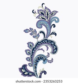 A drawing of a blue and purple flower paisley on a white background