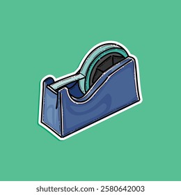 Drawing of a blue tape dispenser with stylized details, showcased on a bright green background. Ideal for use in stationery, office, or art-related themes.