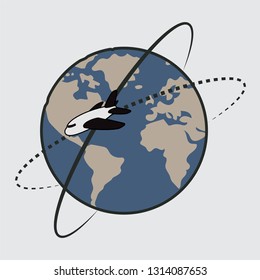 Drawing blue world of vector illustration with plane travel on gray background. EPS 10.
