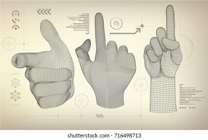 drawing blueprint of wireframe hand; scientific interface; abstract technology background; 
