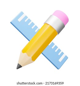 Drawing, Blueprinting 3d icon. Pencil and ruler. Isolated object on a transparent background