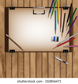 Drawing Board And Color Pencils For Arrange On Wooden Table. Vector Illustration