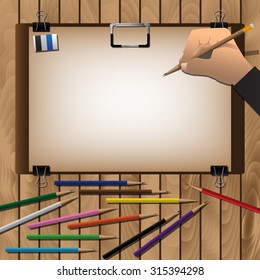 Drawing board And Hand With Pencils For Arrange On Wooden Table. Vector Illustration