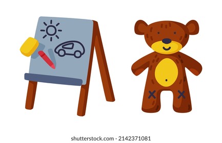 Drawing Board and Plush Teddy Bear as Colorful Kids Toy Vector Set