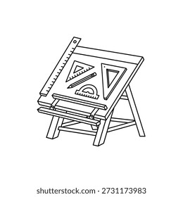 Placa de desenho com régua triângulo lápis e protrator para desenho e trabalho de design