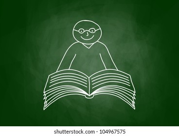 Drawing of book and boy on blackboard