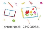 Drawing books and crayons, notebooks and pencils, vector illustrations