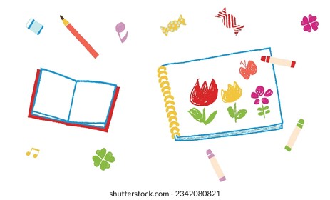 Drawing books and crayons, notebooks and pencils, vector illustrations