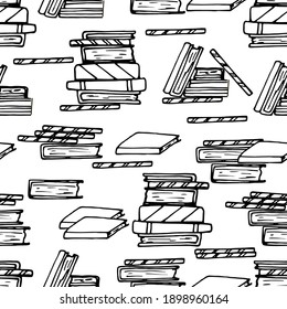 Drawing with books, notepad, stack of books. Information literature. Education, library. Coloring book for children. For design, textiles, sweatshirts, wallpapers. Stock hand graphics. Isolate.