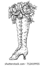 Drawing of a boot with roses in the style of zentangle for colouring book - vector illustration, isolated on white