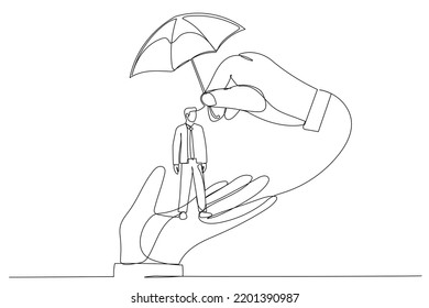 Drawing of boss hand holding tiny businessman workers. Metaphor for employee care and protection at workplace. Single line art style
